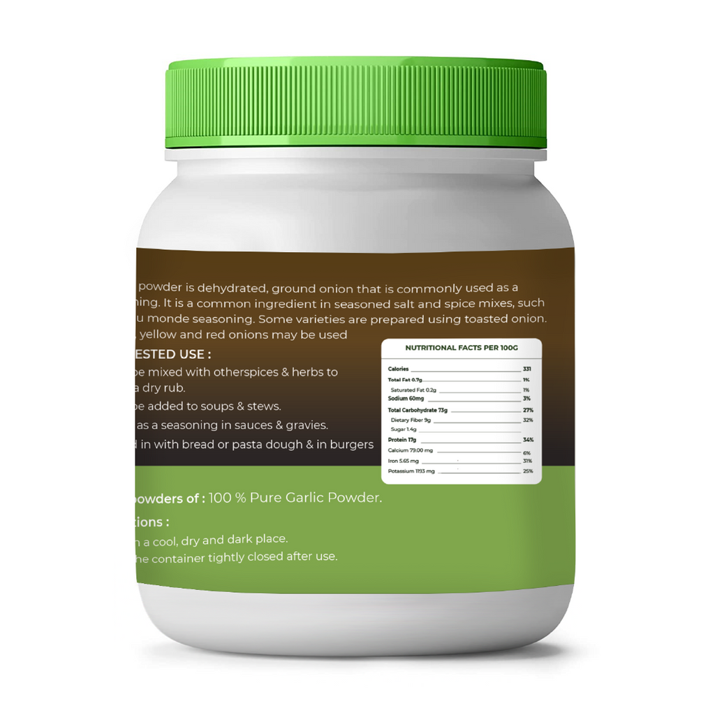 Jar of garlic powder with green lid and label on a white background