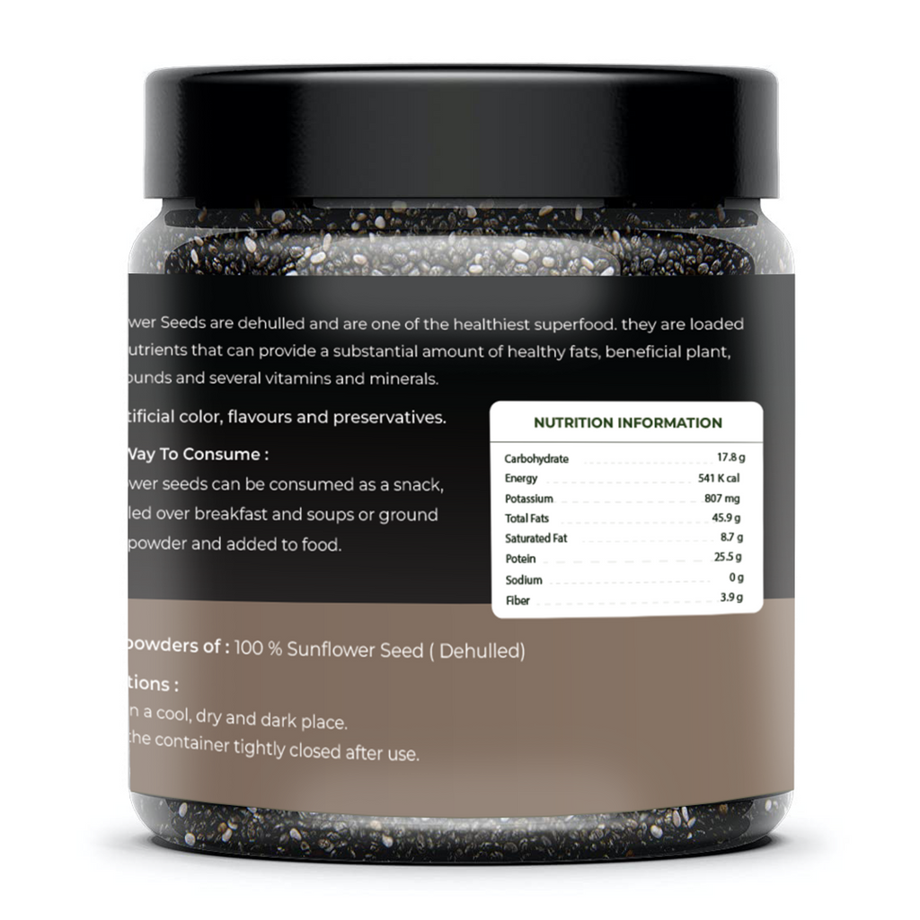 Jar of sunflower seed powder with nutrition label on a white background