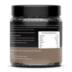 Jar of sunflower seed powder with nutrition label on a white background