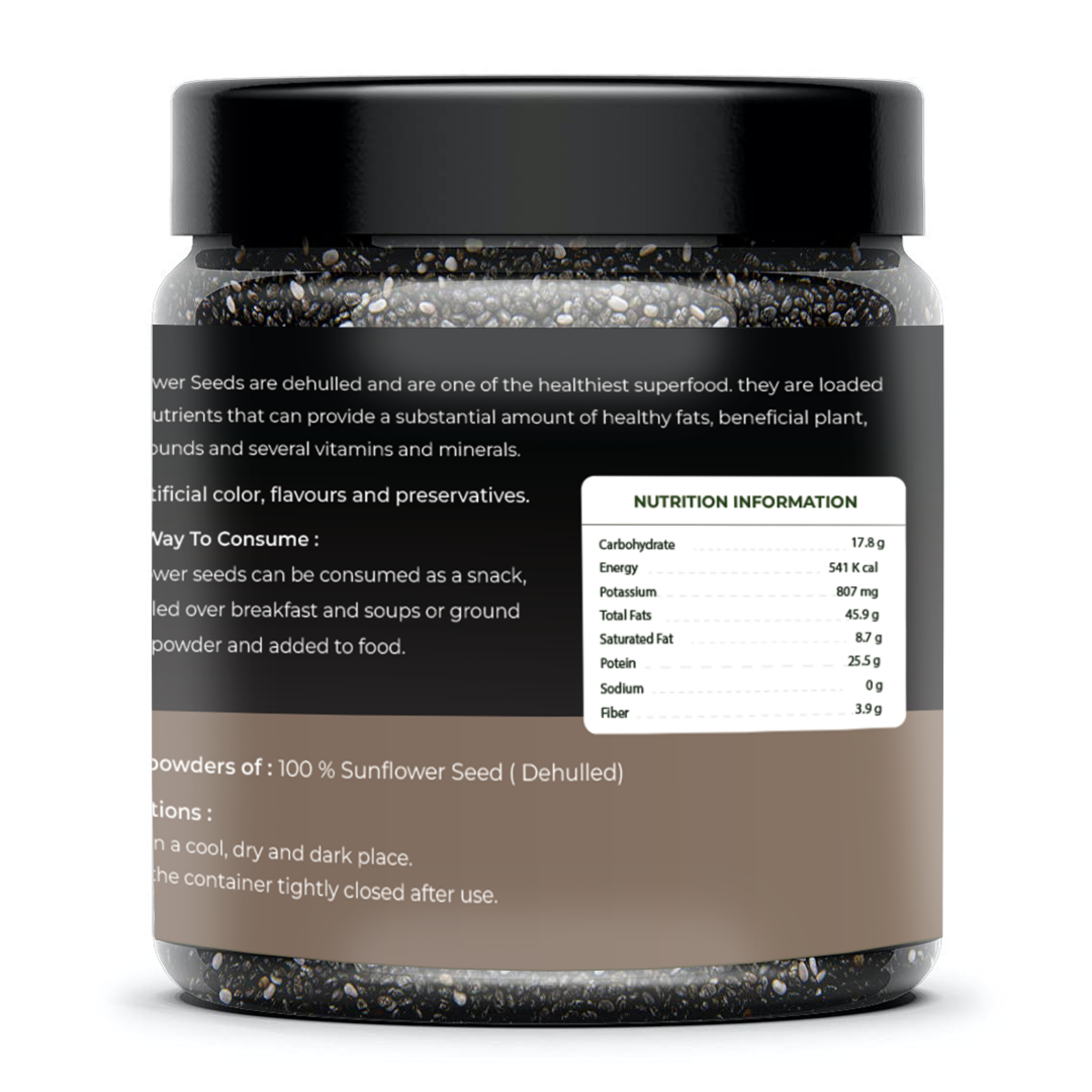 Jar of sunflower seed powder with nutrition label on a white background