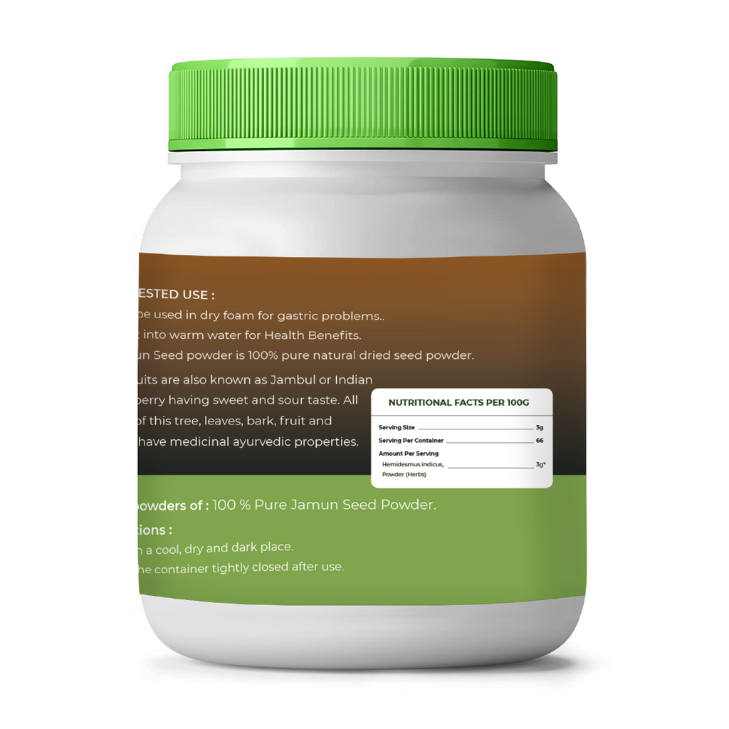 Jar of Jamun Seed Powder with green lid and label on a white background