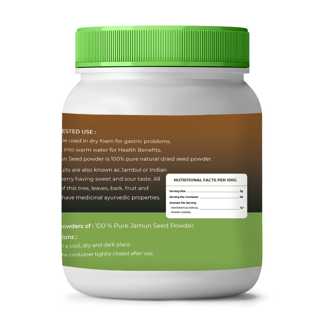 Jar of Jamun Seed Powder with green lid and label on a white background