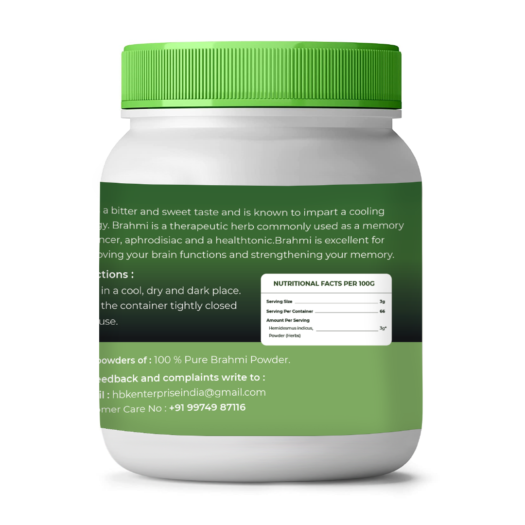 Jar of Brahmi powder with green lid and label on a white background