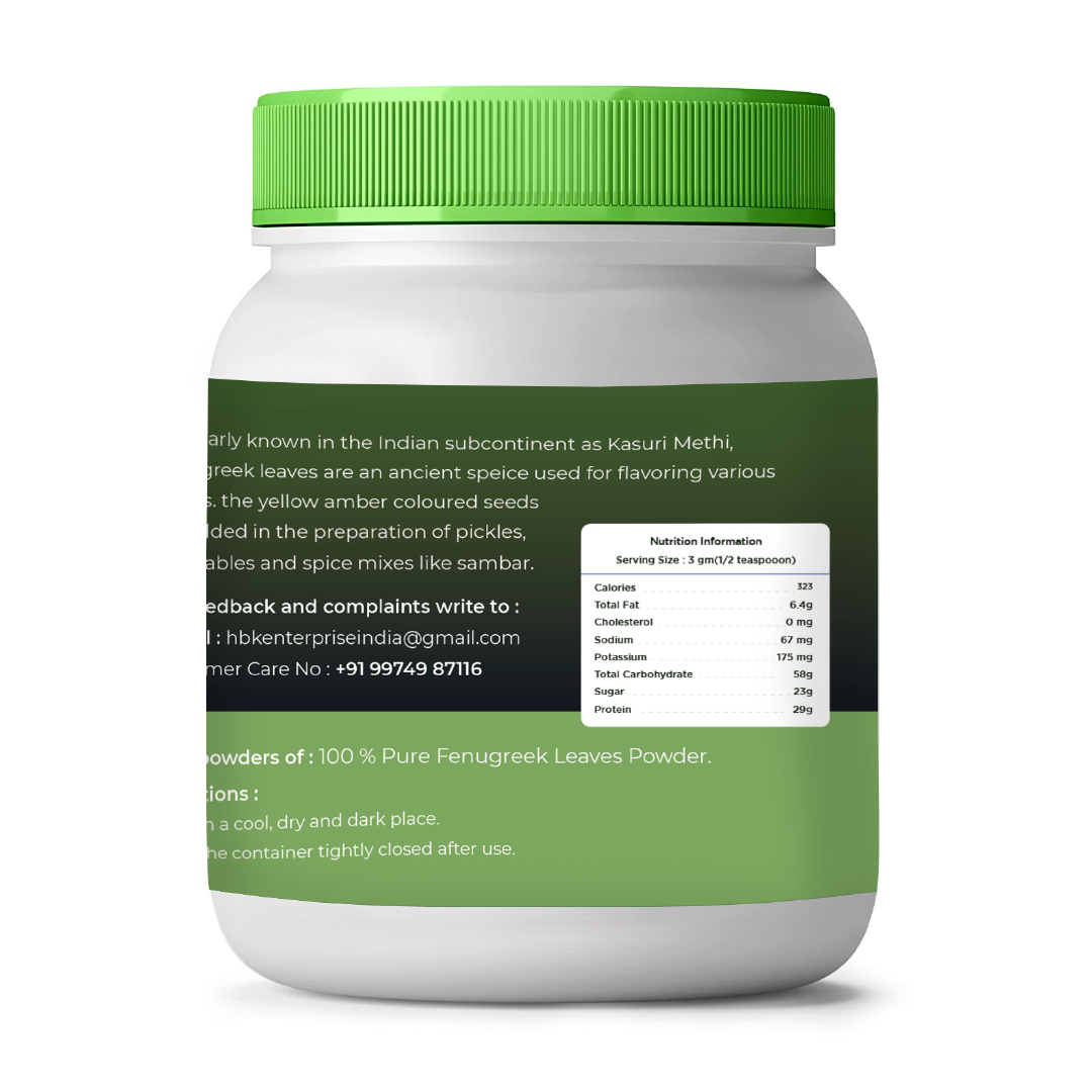 Container of fenugreek leaves powder with green lid and label on a white background