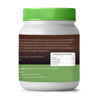Supplement jar with green lid and label on a white background