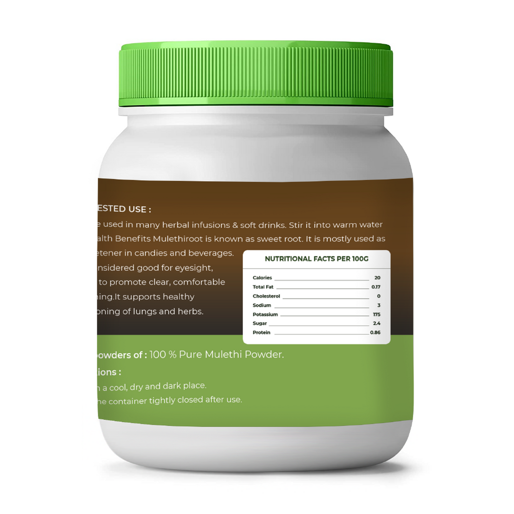 Jar of Mulethi powder with green lid and label on a white background