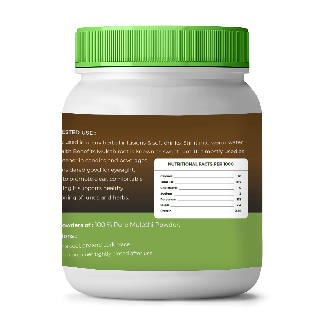 Jar of Mulethi powder with green lid and label on a white background