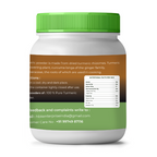 Jar of vedcare  turmeric powder with green lid and label on a white background