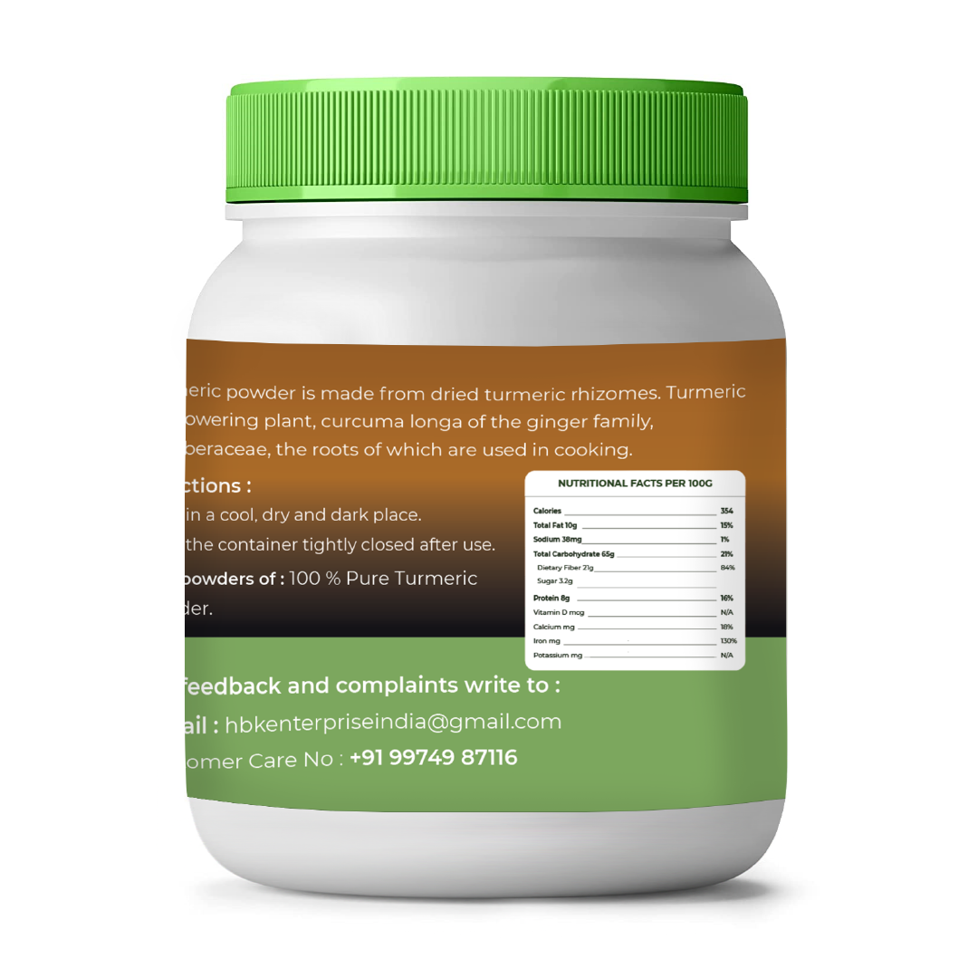 Jar of vedcare  turmeric powder with green lid and label on a white background