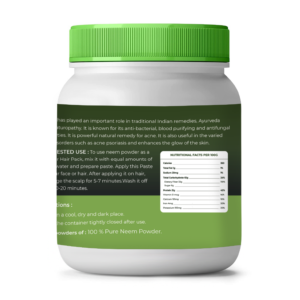 Jar of neem powder with green lid and label on a white background