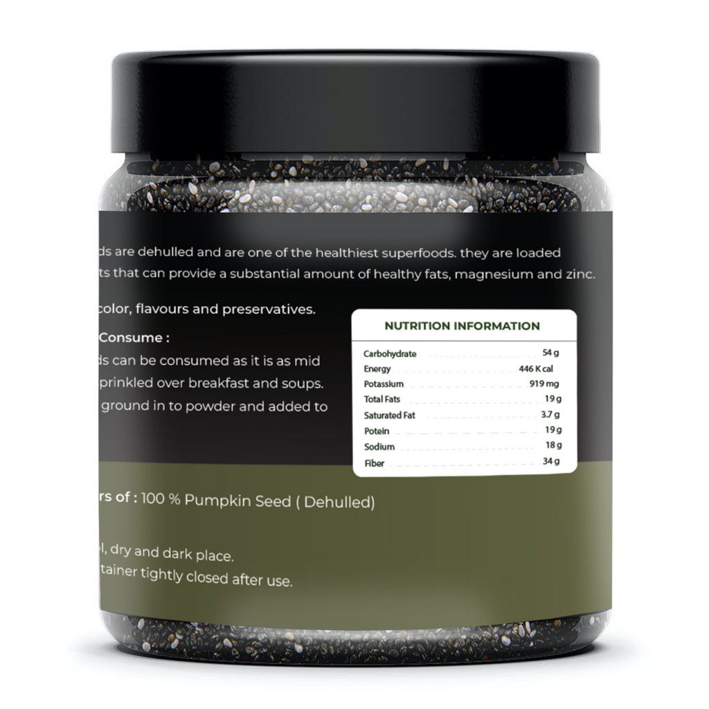 Jar of pumpkin seeds with a nutrition label on a white background