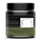 Jar of pumpkin seeds with a nutrition label on a white background