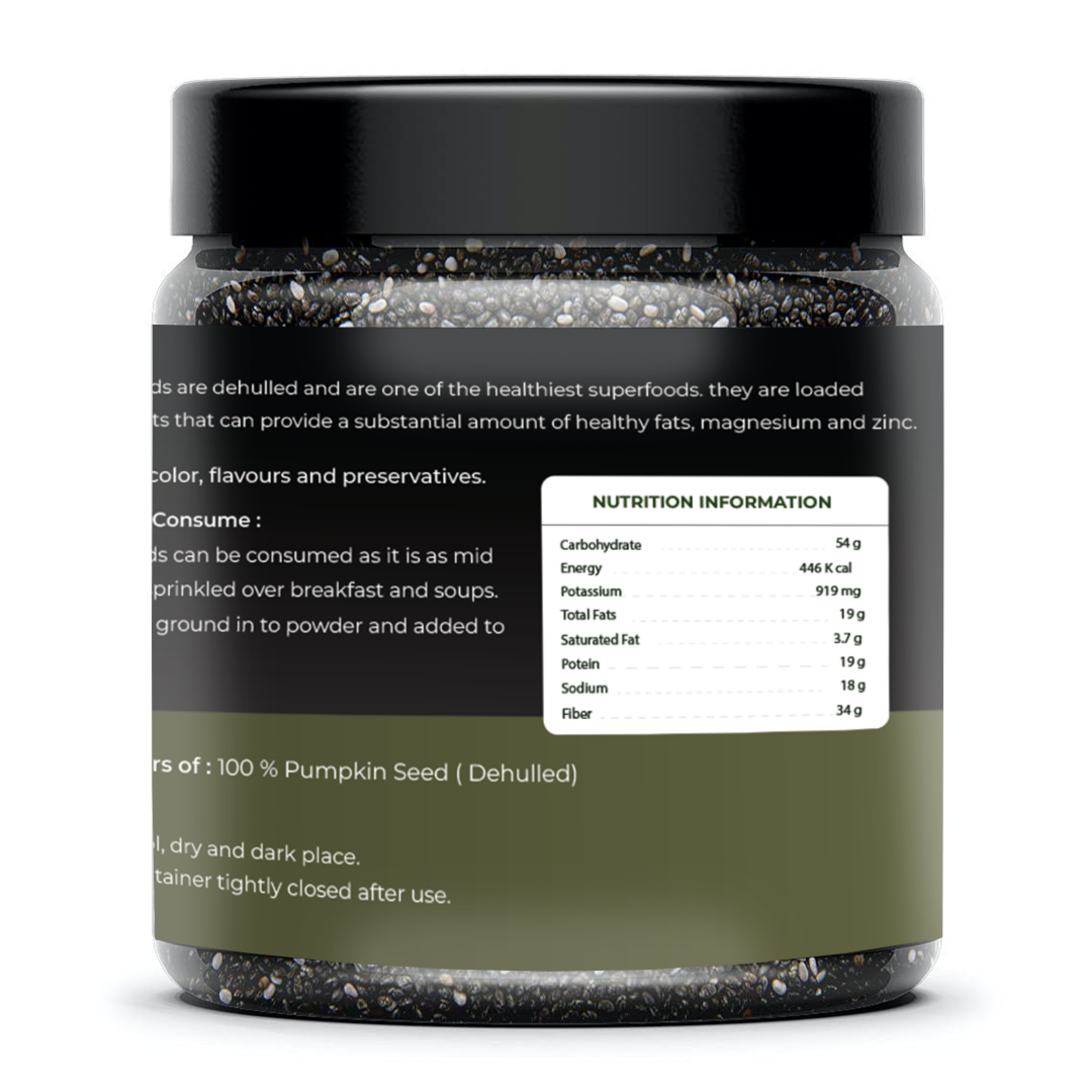 Jar of pumpkin seeds with a nutrition label on a white background