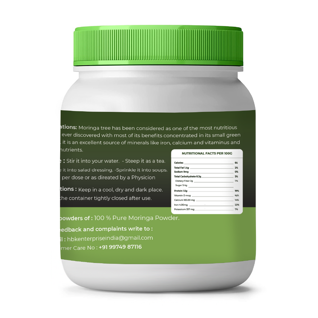 Moringa powder container with green lid and label on a white background
