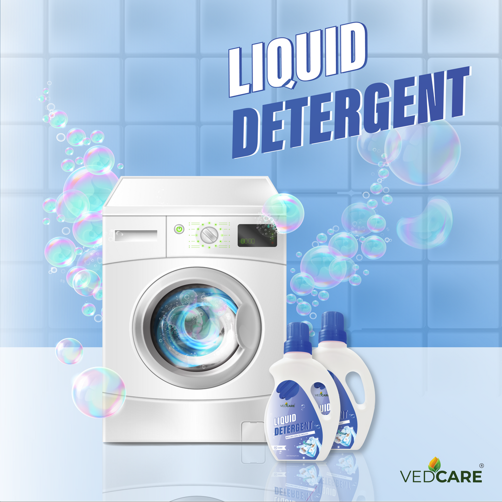 Vedcare liquid detergent with a washing machine and bubbles on a blue background