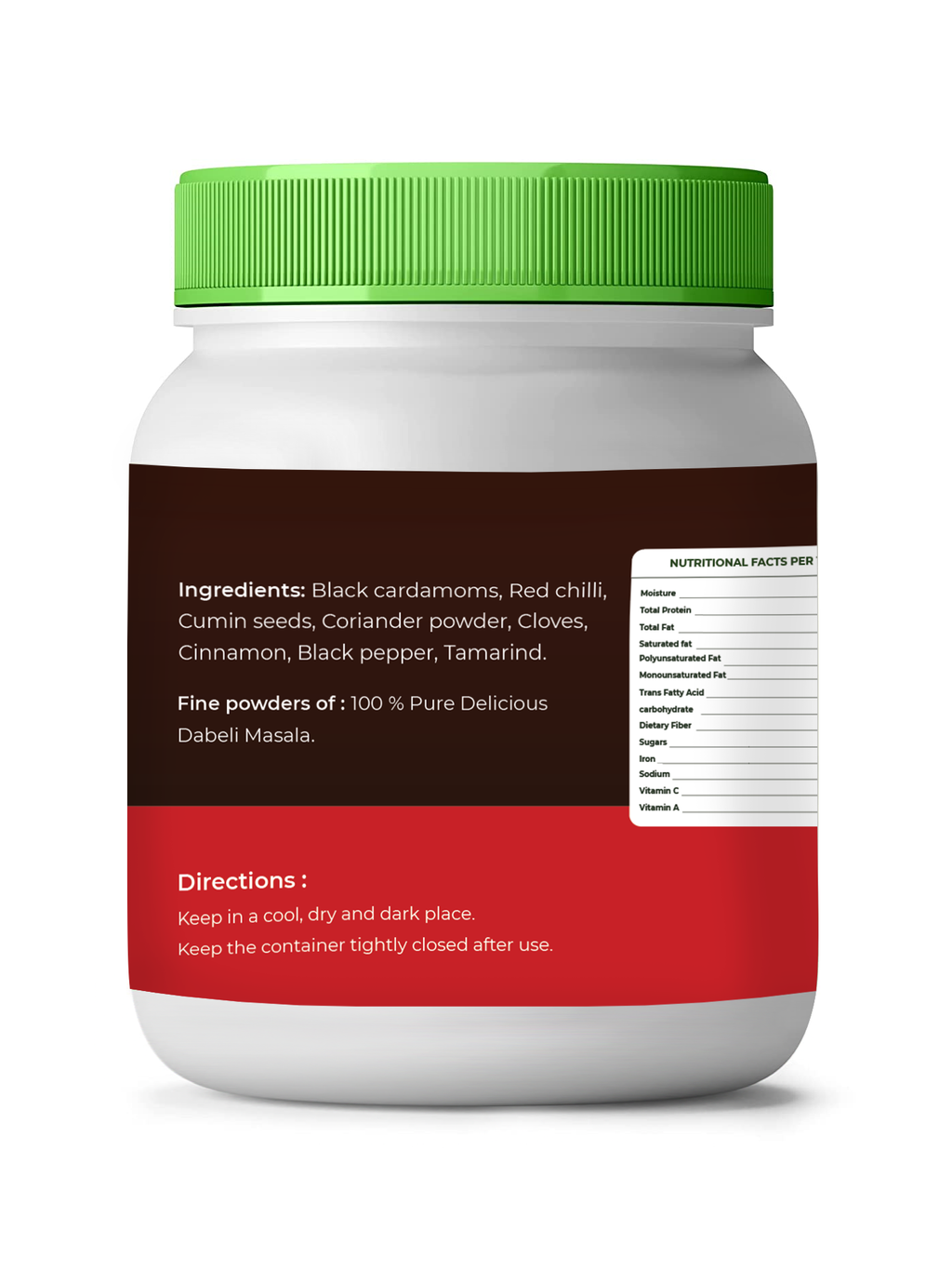 Container with a green lid and multicolored label on a white background