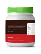 Container with a green lid and multicolored label on a white background
