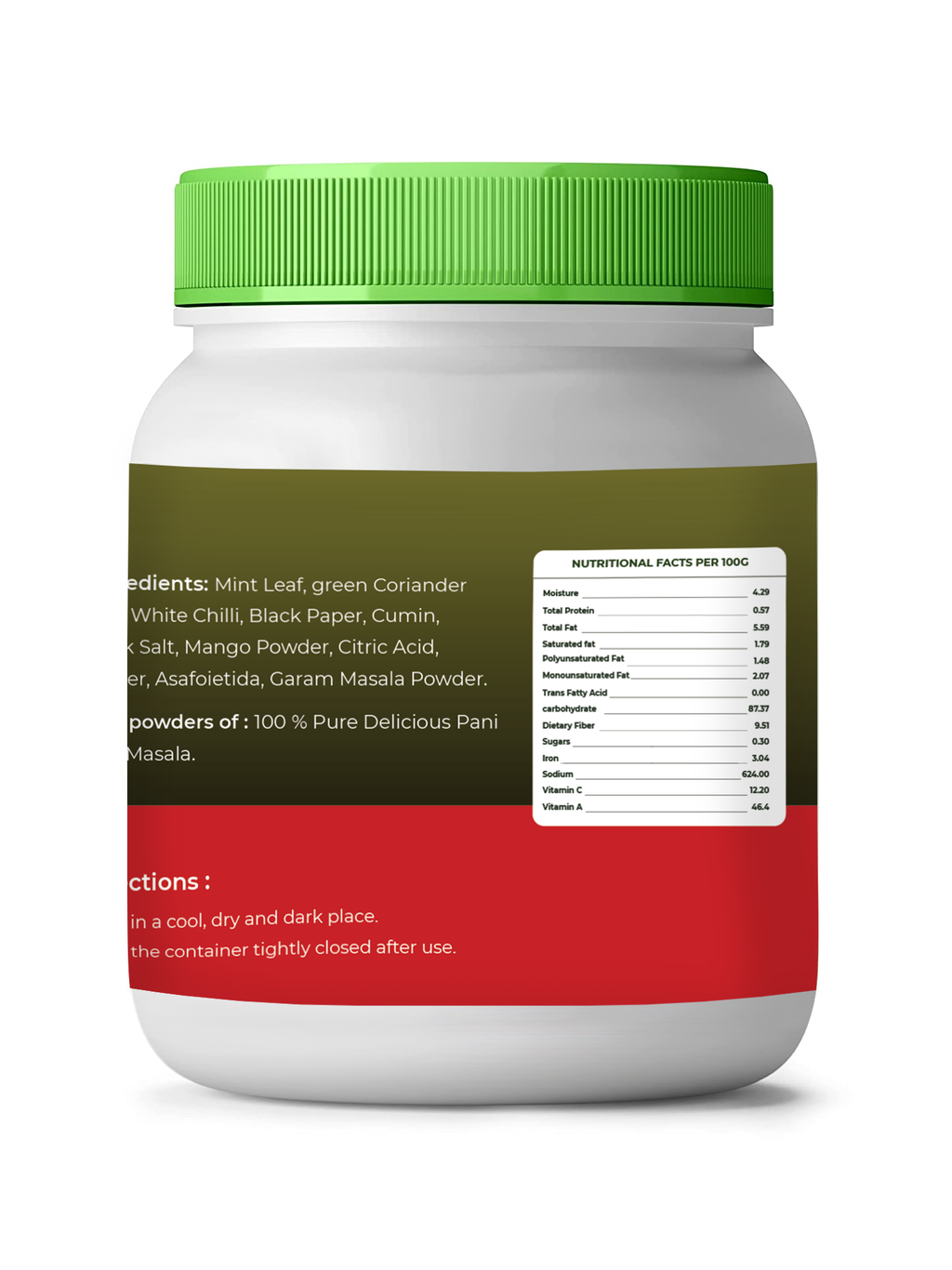 Container with green lid and multicolored label on a white background