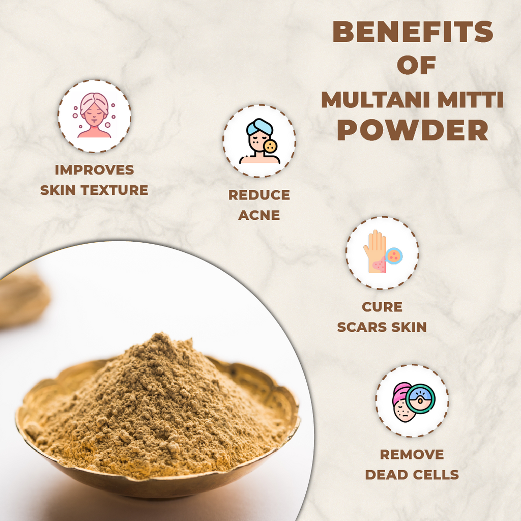 Multani Mitti powder in a bowl with icons and text highlighting its benefits on a beige background.