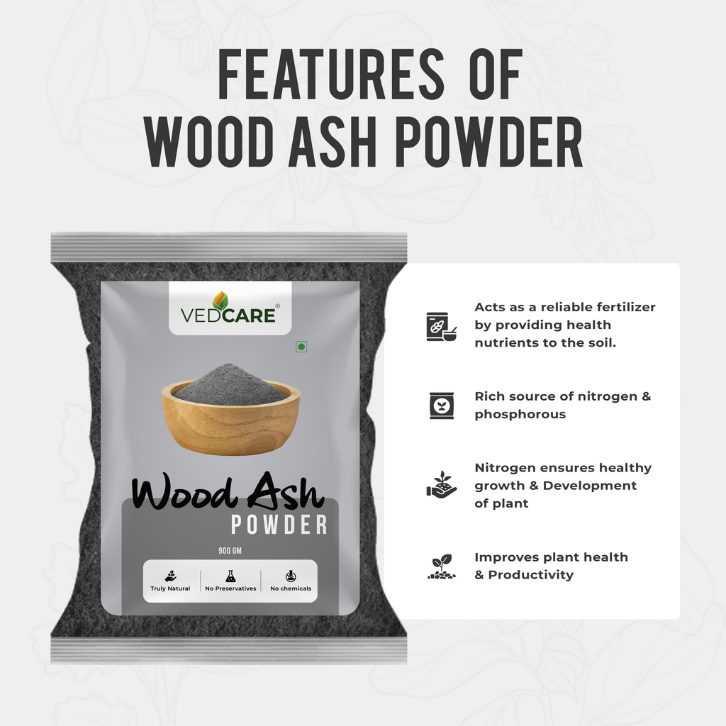 Vedcare wood ash powder packaging with features listed on a white background