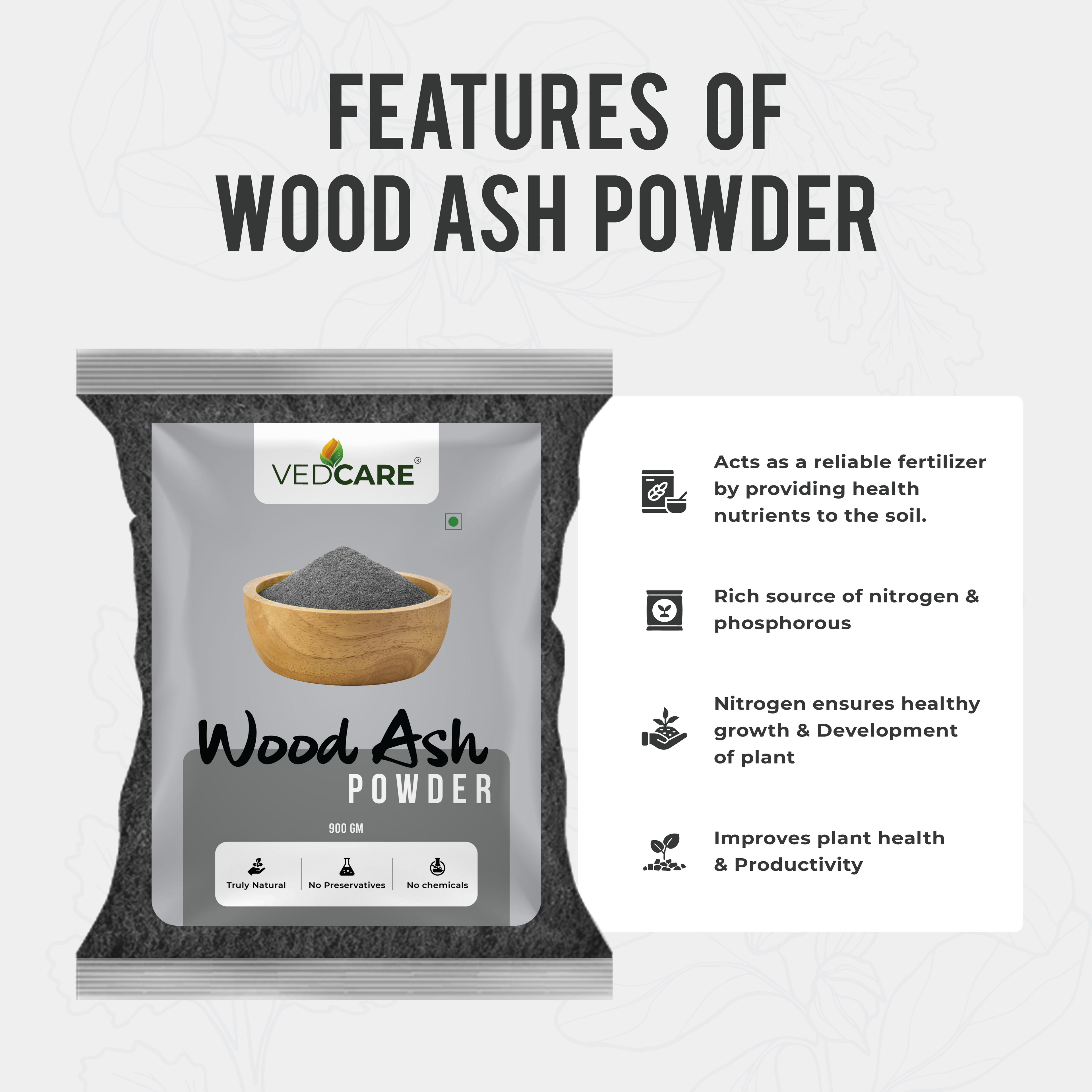 Vedcare wood ash powder packaging with features listed on a white background