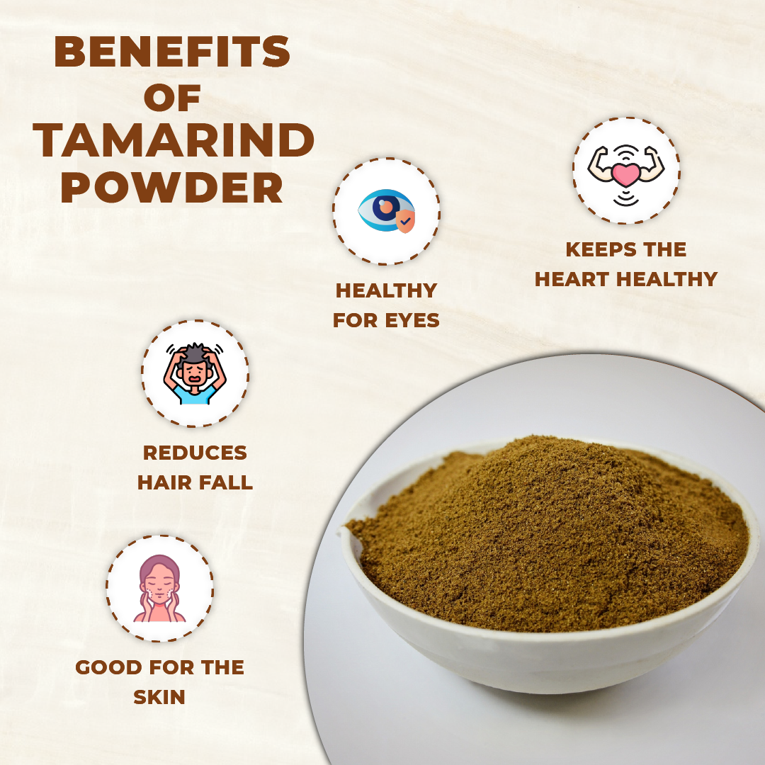 vedcare tamarind powder with health benefits listed on a beige background