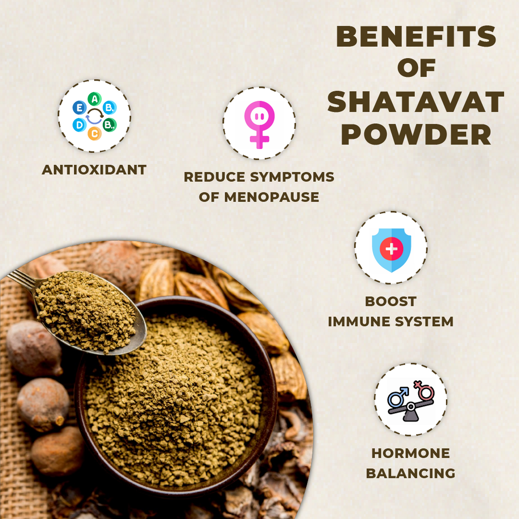 Shatavari powder with health benefits listed on a beige background