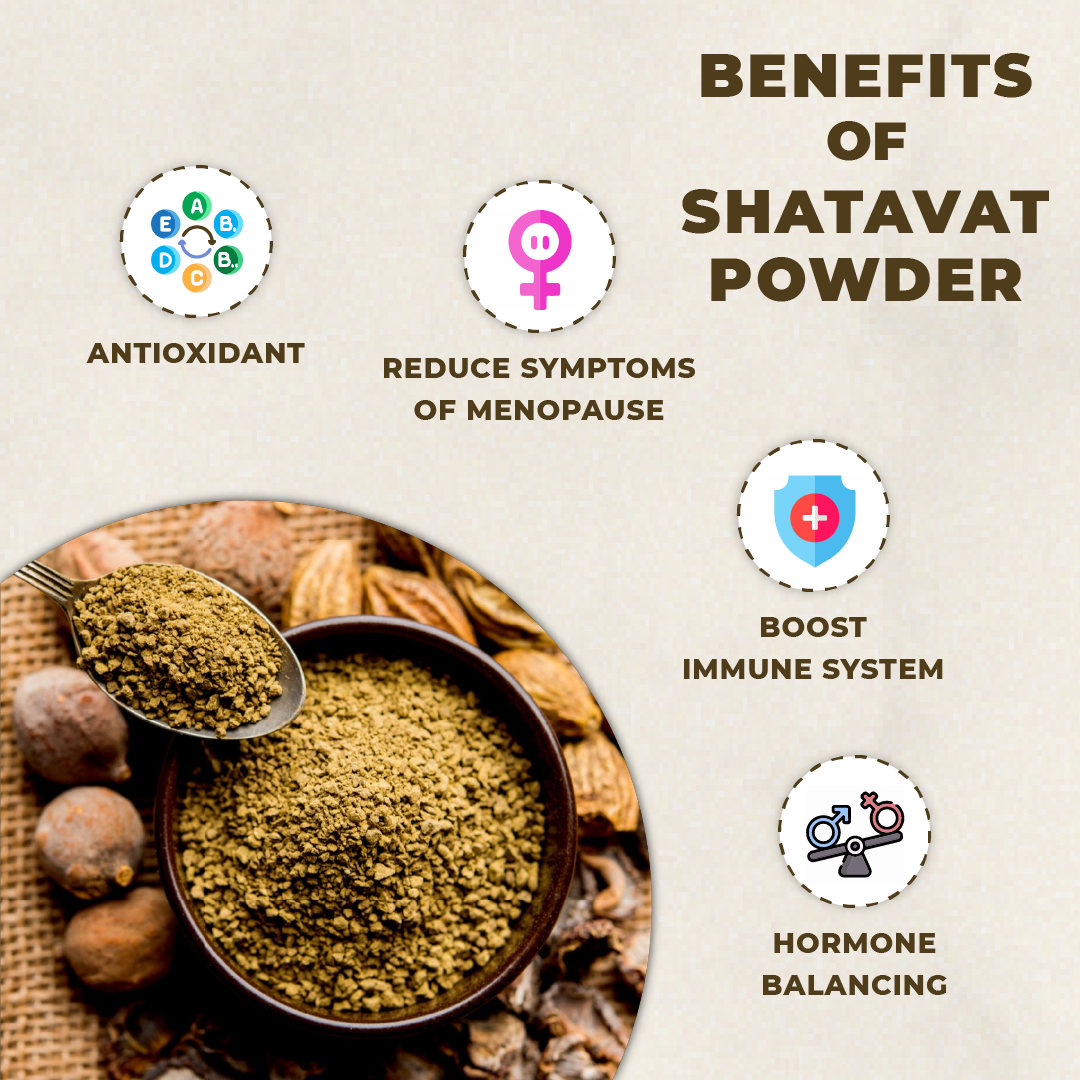 Shatavari powder with health benefits listed on a beige background