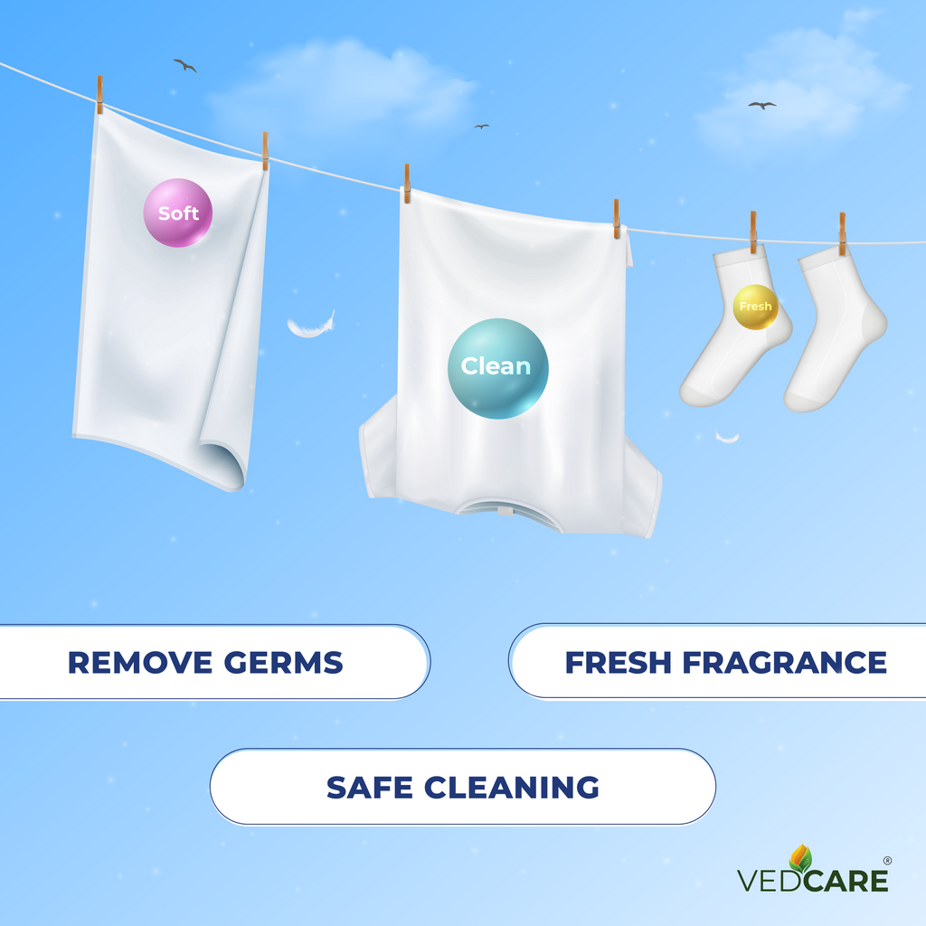 White shirts with labeled 'Clean' and 'Soft', socks, and cleaning balls on a clothesline against a blue sky.