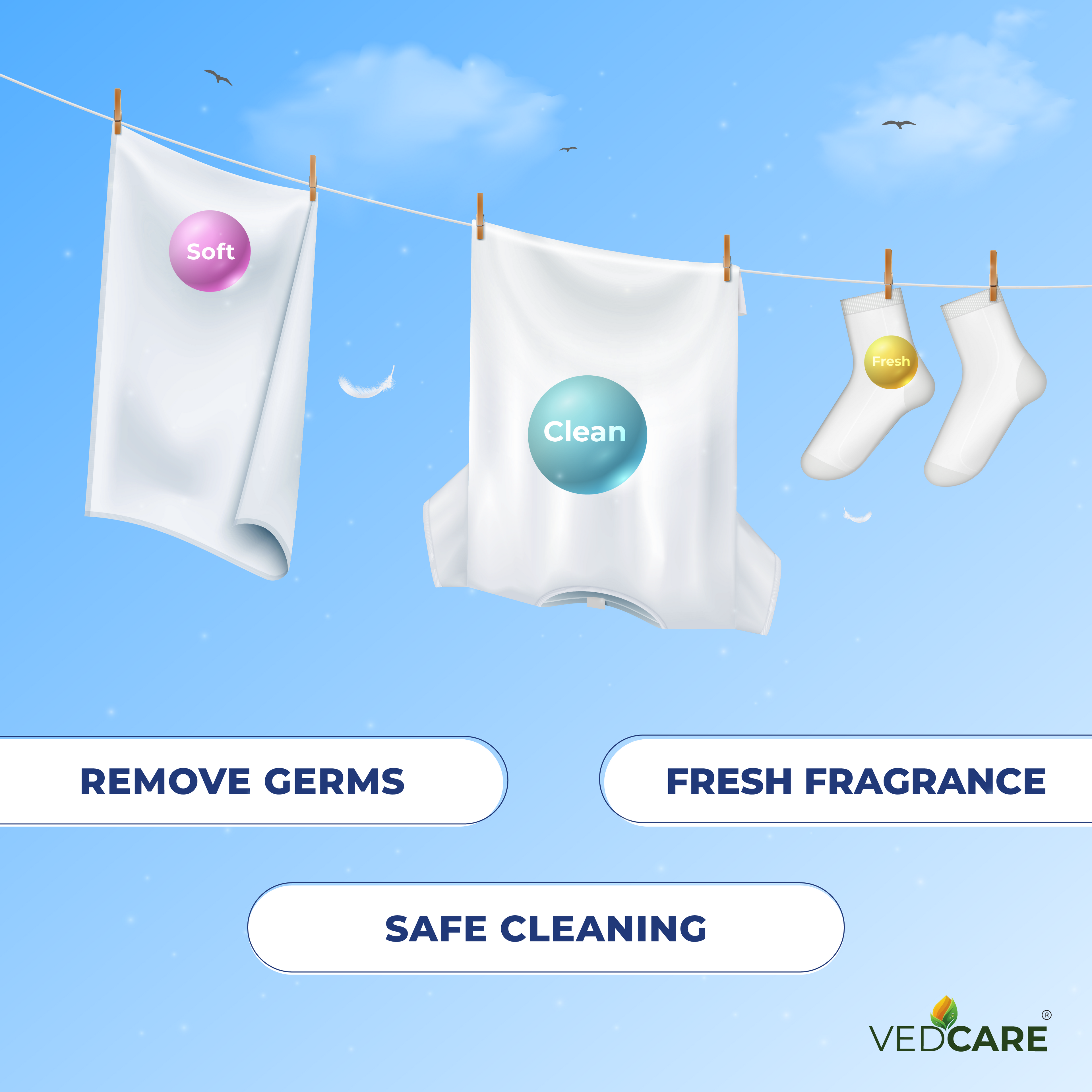 White shirts with labeled 'Clean' and 'Soft', socks, and cleaning balls on a clothesline against a blue sky.