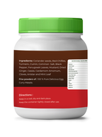White container with green lid and brown label on a white background