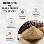 Black pepper powder with health benefits listed on a white background