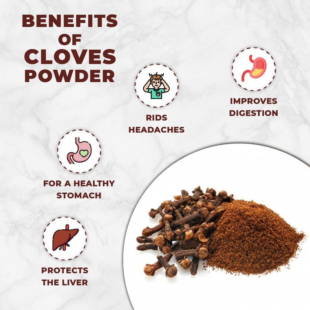 Cloves and cloves powder with health benefits on a white background