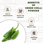 Green chilli powder benefits with green chilies on a white background