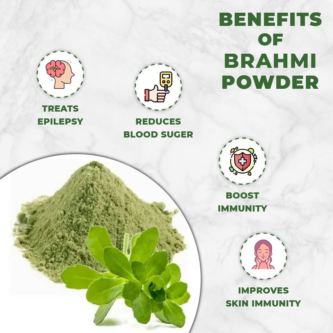 Brahmi powder with benefits listed on a white background