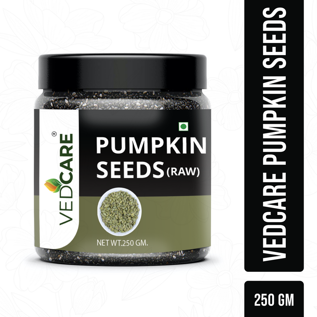 Jar of Vedcare pumpkin seeds on a white background