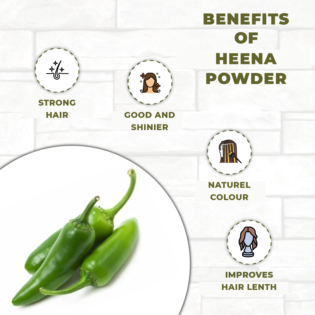 Benefits of heena powder with green chili peppers on a white background