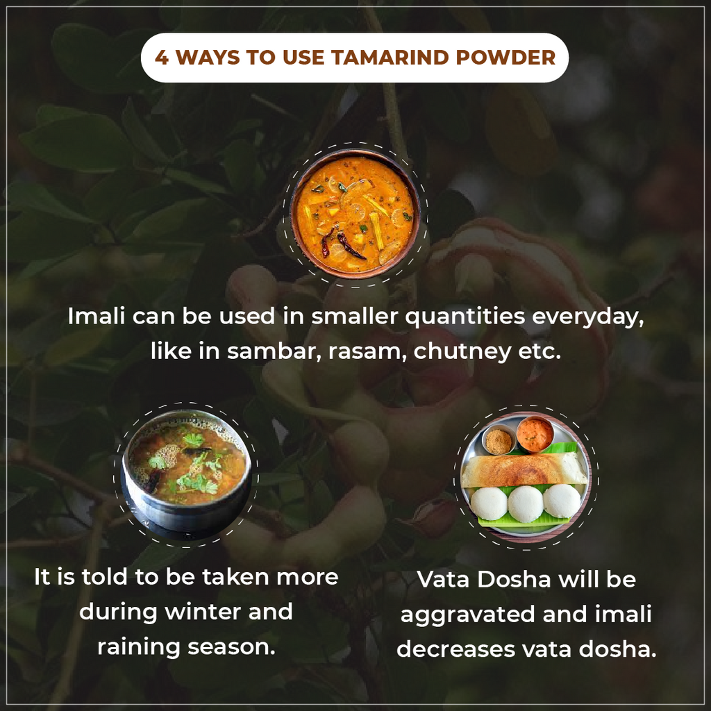 vedcare Infographic on using tamarind powder with images of food and text.