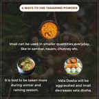 vedcare Infographic on using tamarind powder with images of food and text.