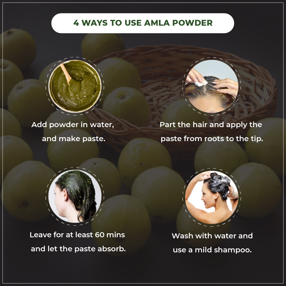 Instructions on using amla powder with images and text.