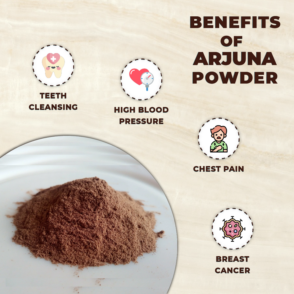 Arjuna powder on a plate with icons and text highlighting its benefits.