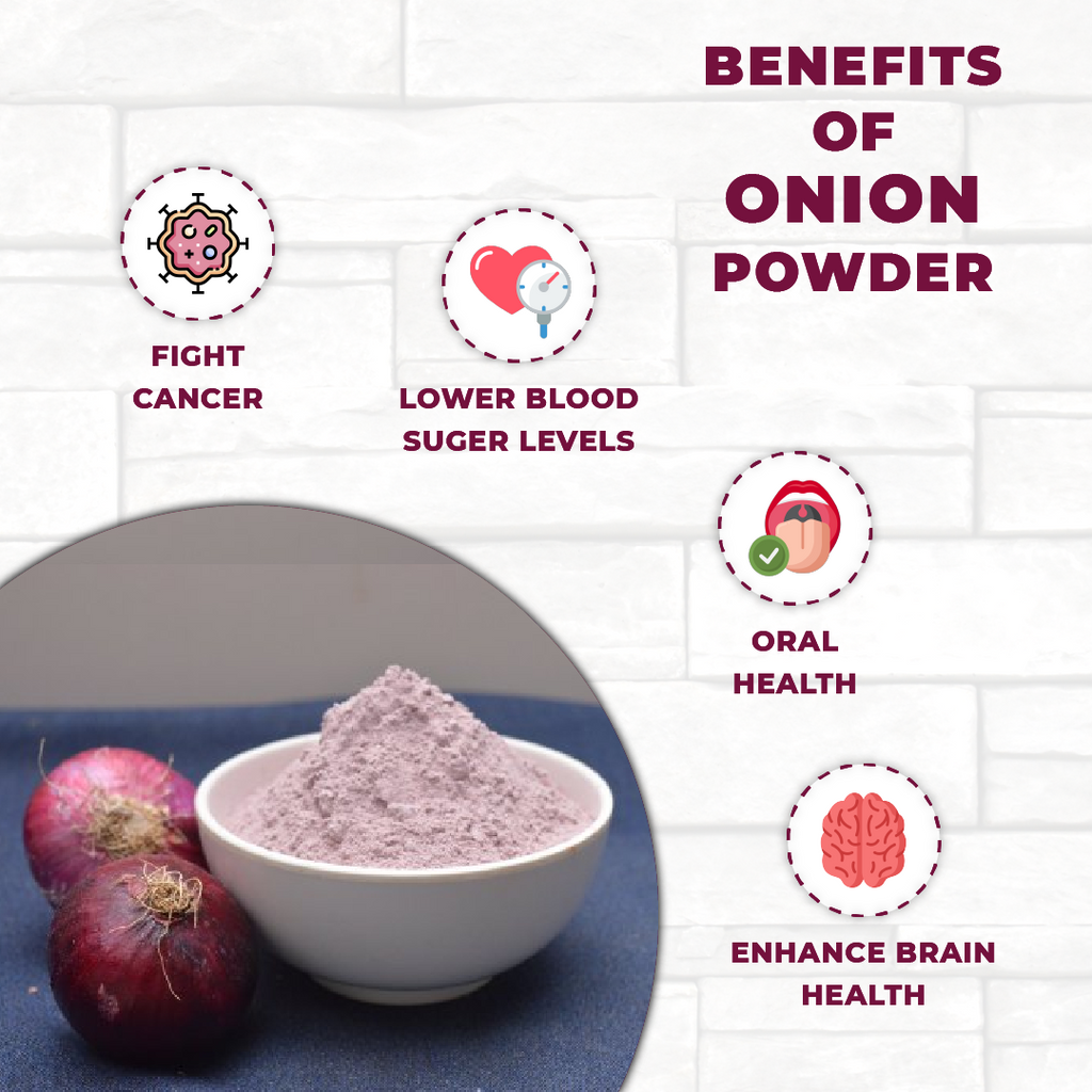 Bowl of vedcare onion powder with onions on a white background, highlighting health benefits.