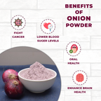 Bowl of vedcare onion powder with onions on a white background, highlighting health benefits.