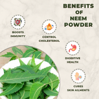 Benefits of Neem Powder with images and text on a beige background