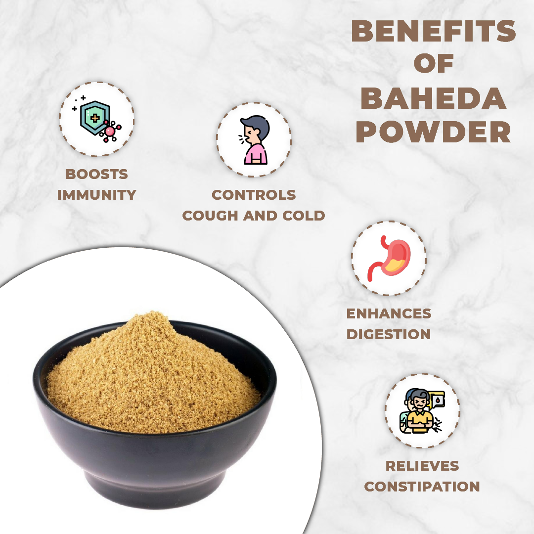 Bowl of Baheda powder with icons and text highlighting its benefits on a white background
