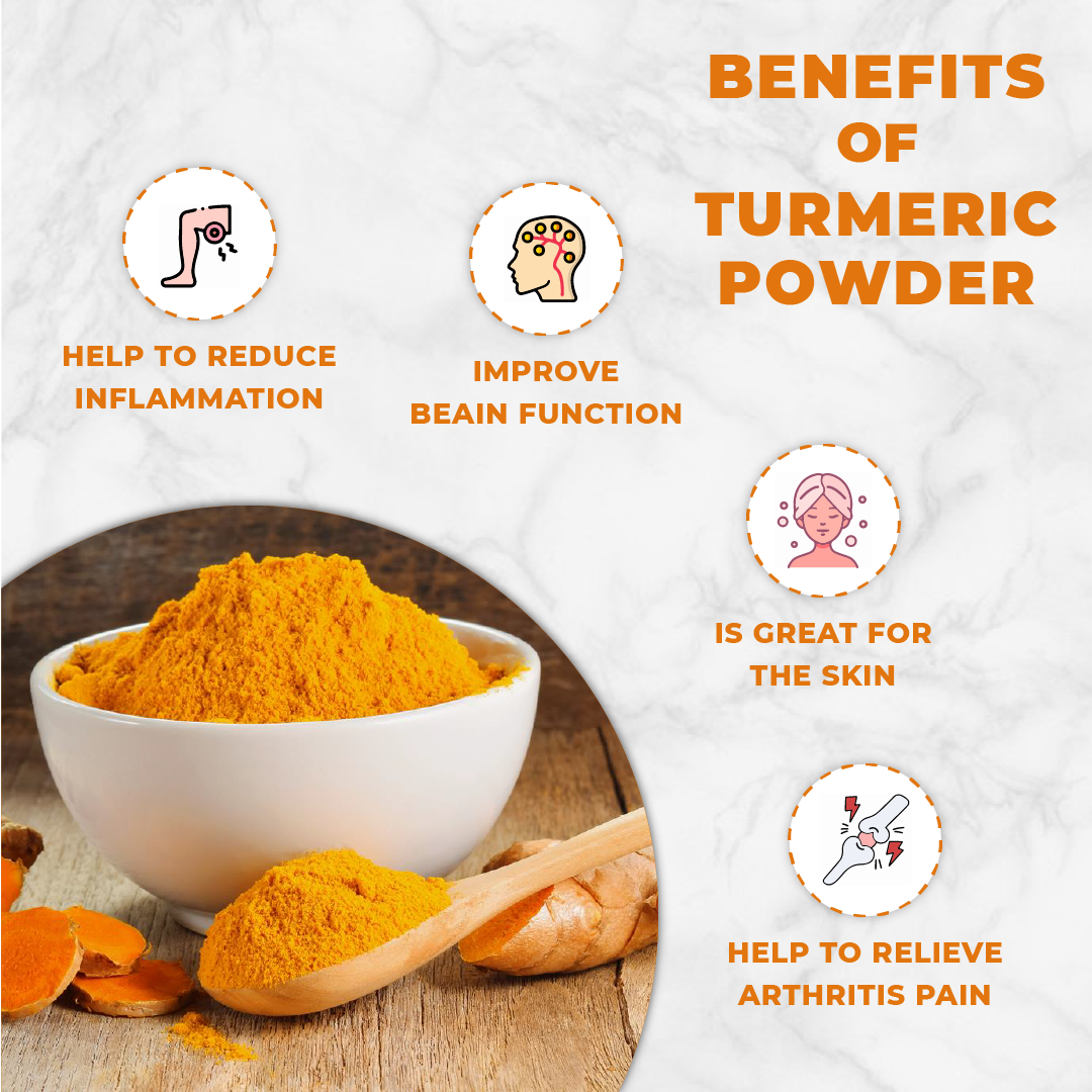 vedcare Turmeric powder in a bowl with benefits listed on a white background