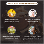 Infographic on four ways to use Ashwagandha powder with images and text.