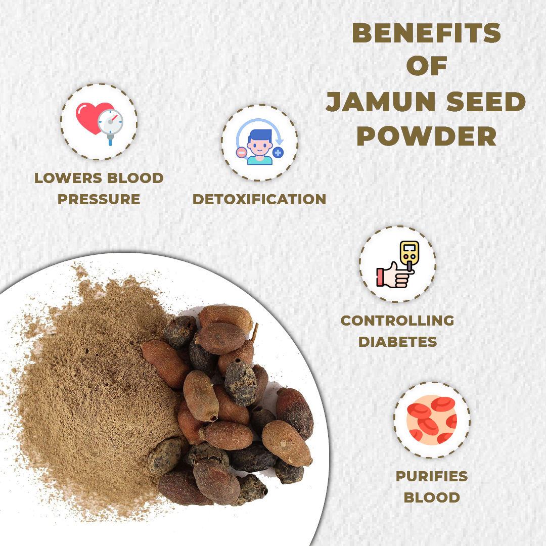 Jamun seed powder with benefits listed on a white background