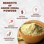 Bowl of Ashok Chhal powder with health benefits listed on a white background