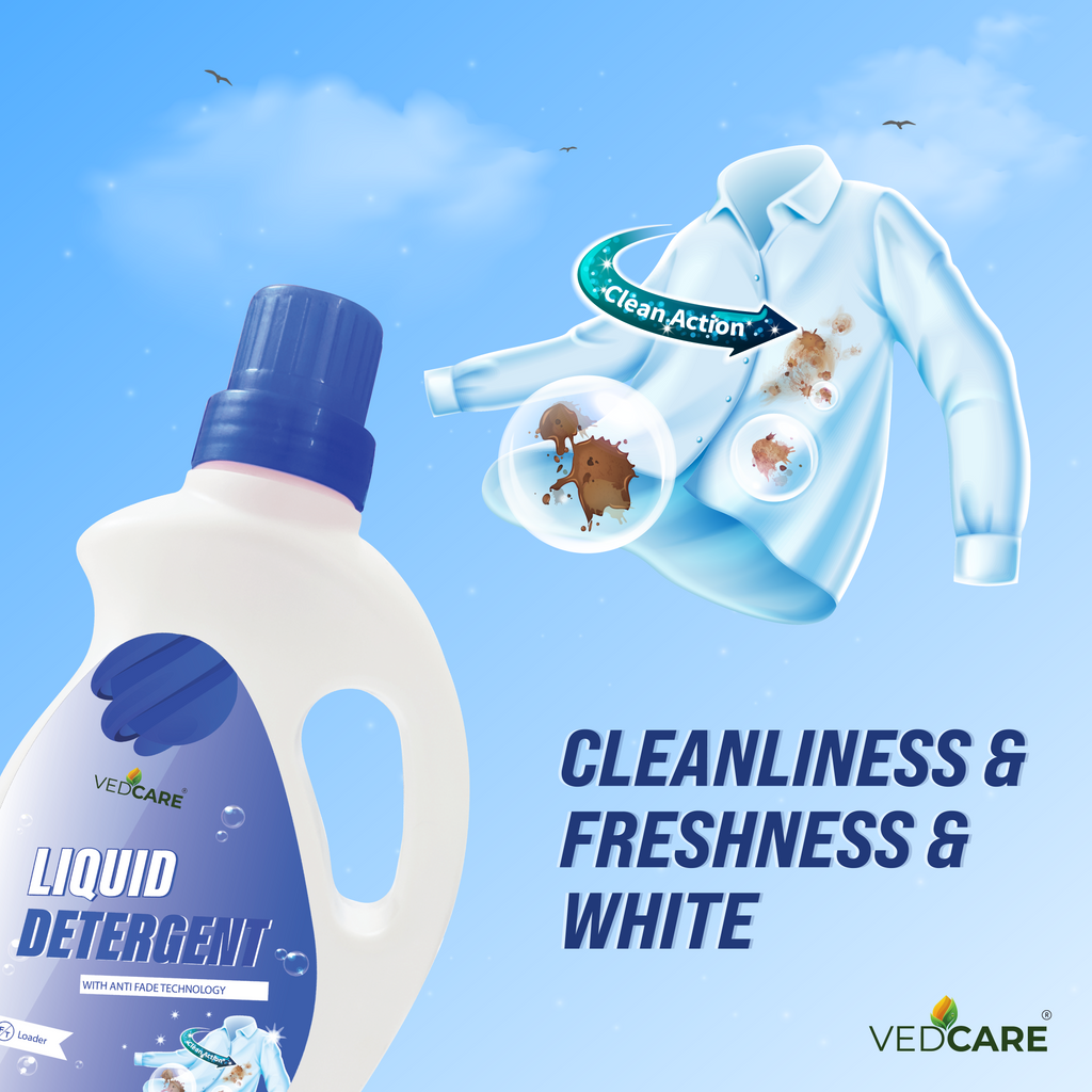 Vedcare liquid detergent bottle with a shirt cleaning illustration on a blue background